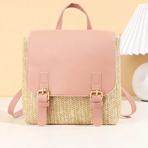 Boho Vegan Leather Straw Buckle Mini Back Pack - Picture 3 of 9